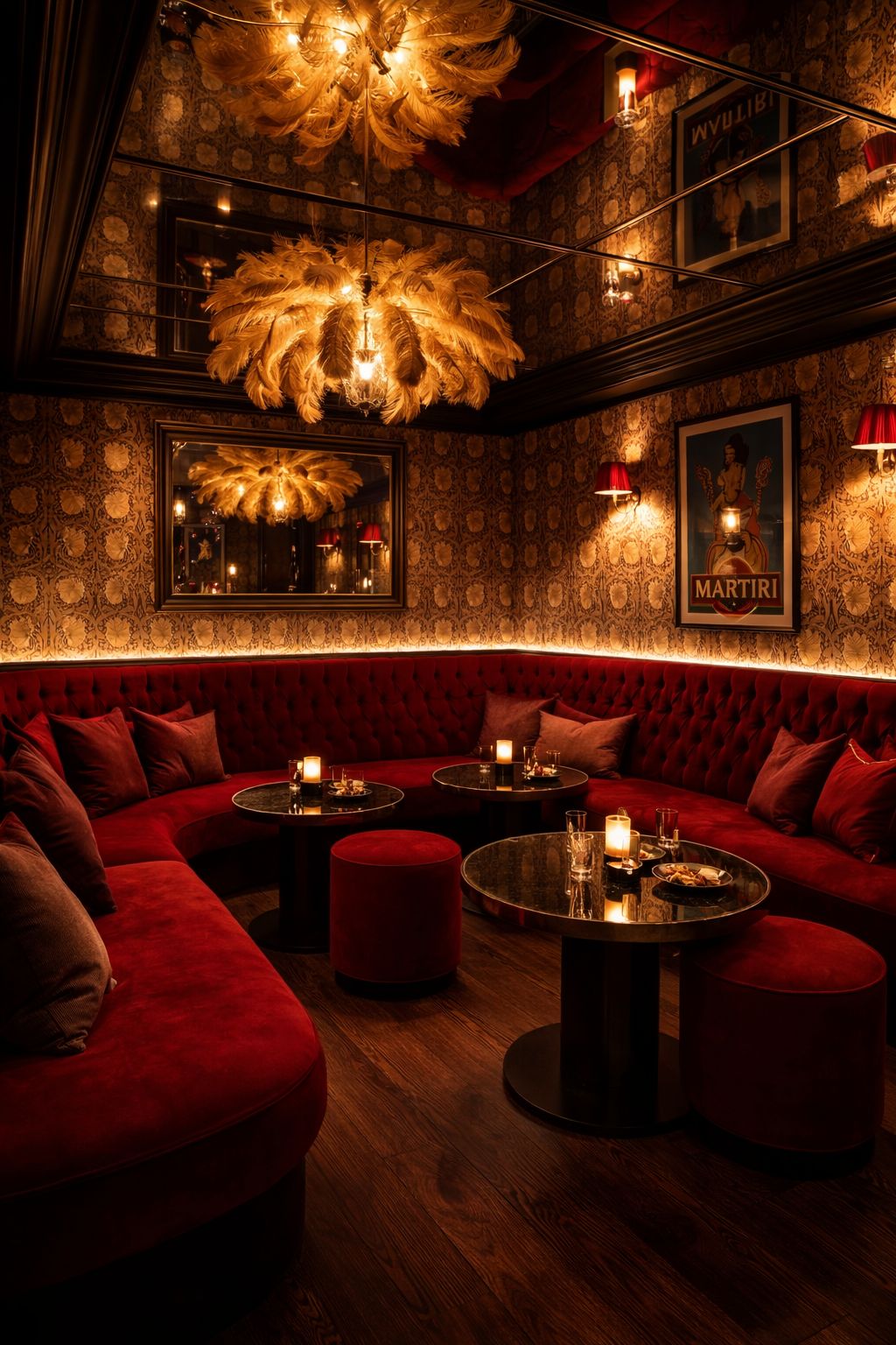 Farmacia Lounge — rote Samtcouch, Federleuchter, gedimmtes Licht